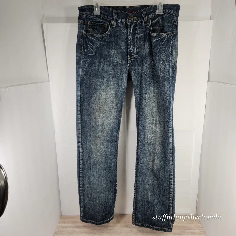 URBAN PIPELINE SLIM Men's 34x30 Distressed Dark Wash Blue Back Pocket Flaps Jean